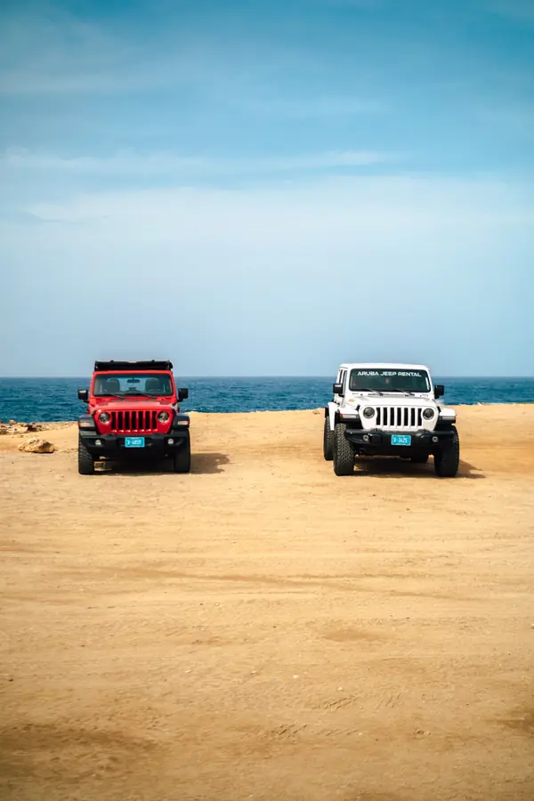 Dos Jeeps de EFE estacionados en la playa bajo un cielo azul
